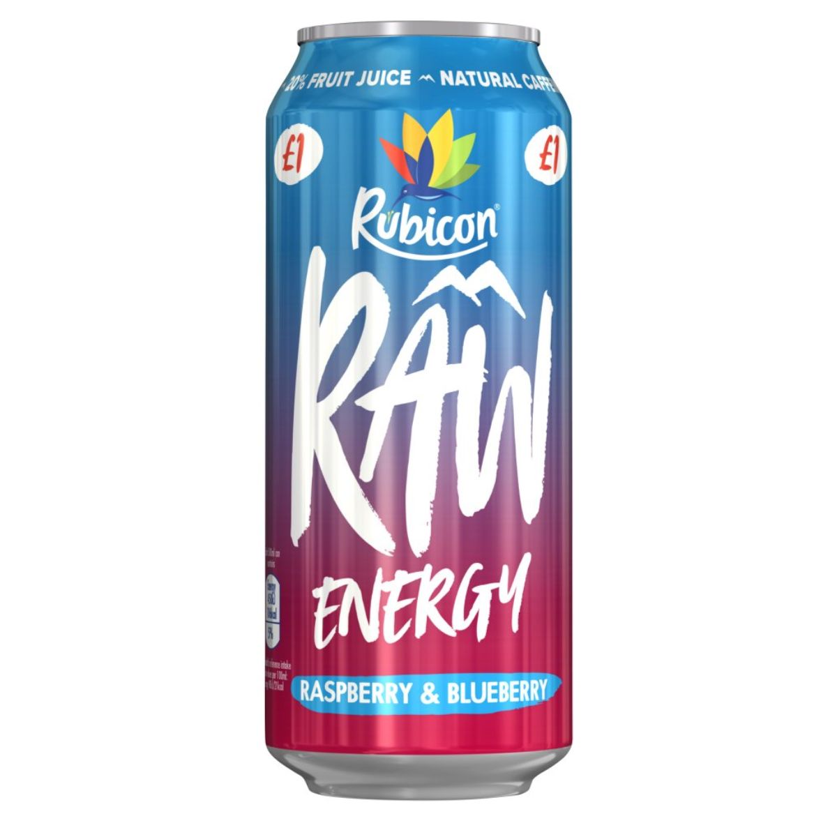 A can of Rubicon - Raw Energy Raspberry & Blueberry - 500ml with blueberries and blueberries.