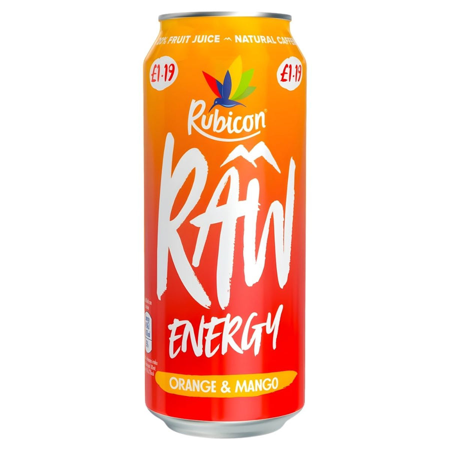 A 500ml can of Rubicon RAW Orange & Mango Energy Drink, a refreshing caffeinated beverage, features a vibrant design and is priced at £1.19.