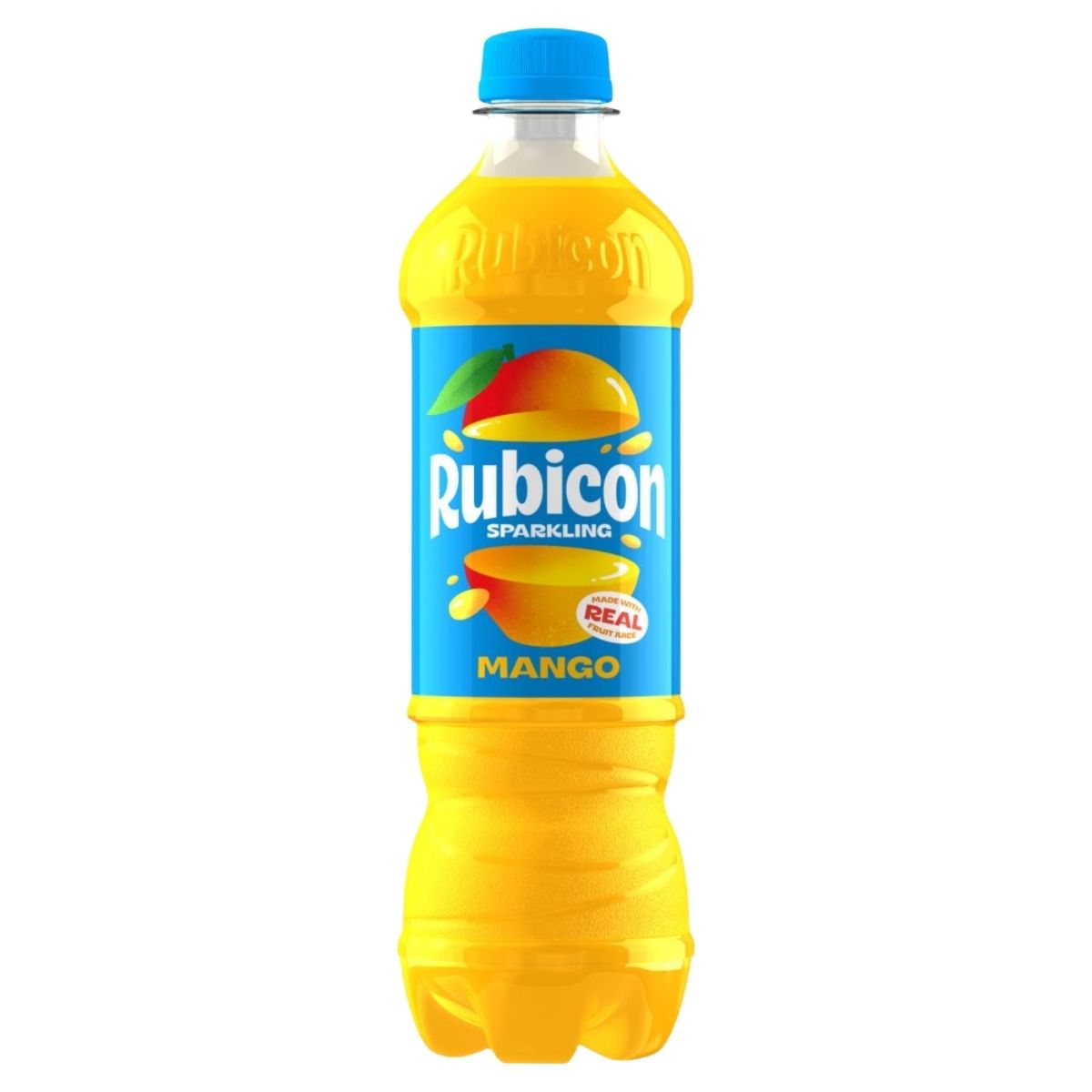 A 500ml bottle of Rubicon Sparkling Mango drink with a blue cap and label featuring a mango image and "made with real fruit juice" text.