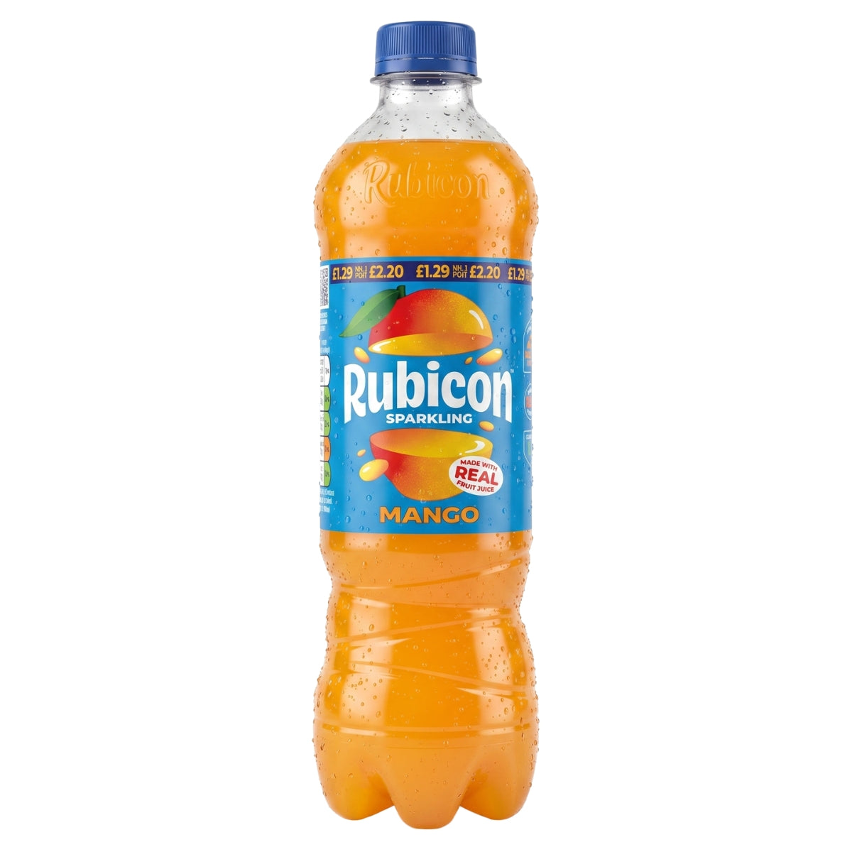 A 500ml plastic bottle of Rubicon Sparkling Mango drink made with refreshing carbonated water, featuring a blue cap and label adorned with vibrant mango graphics and pricing details.