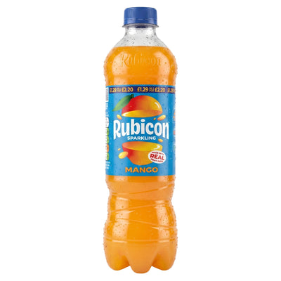 A 500ml plastic bottle of Rubicon Sparkling Mango drink made with refreshing carbonated water, featuring a blue cap and label adorned with vibrant mango graphics and pricing details.