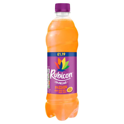 Enjoy Rubicon Sparkling Passion Fruit Juice Drink in a 500ml bottle, featuring a vibrant purple cap and label. Refresh yourself anytime with this tropical sparkling beverage from Rubicon.