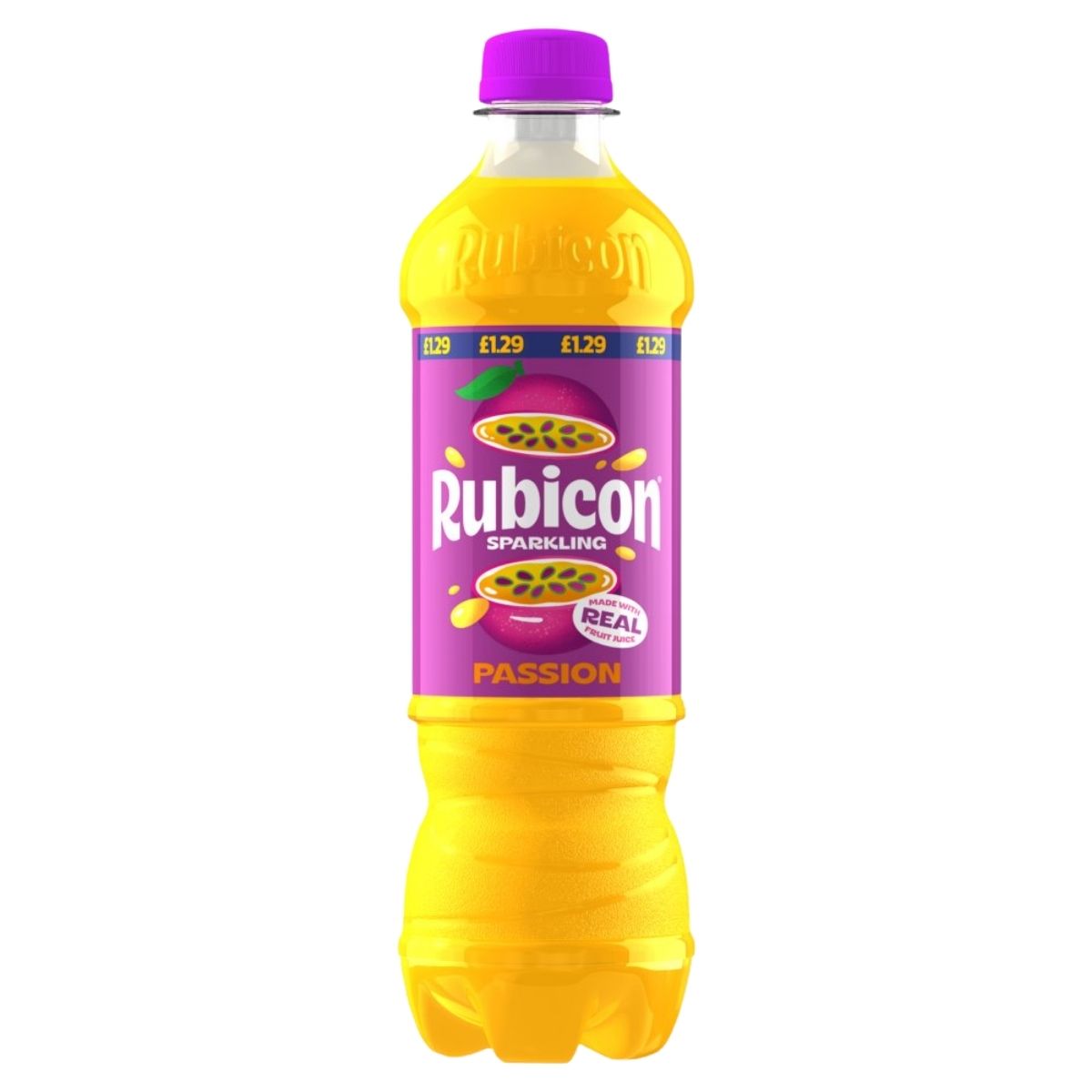 A 500ml bottle of Rubicon Sparkling Passion Fruit Juice Drink features a purple cap and label with a passion fruit illustration.