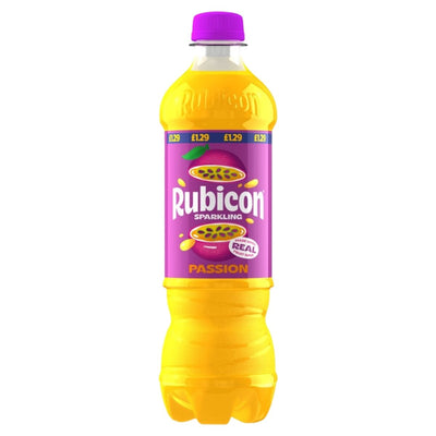 A 500ml bottle of Rubicon Sparkling Passion Fruit Juice Drink features a purple cap and label with a passion fruit illustration.