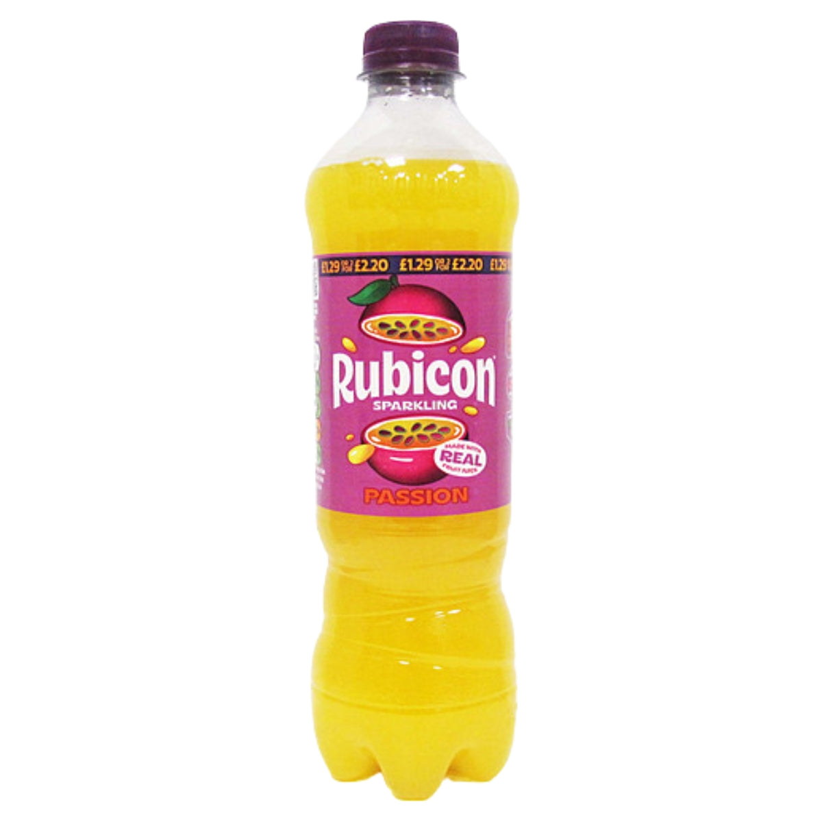 A 500ml bottle of Rubicon Sparkling Passion Fruit Juice Drink, a refreshing beverage from Rubicon with a vibrant purple label featuring images of passion fruits and topped with a purple cap. This delicious sparkling soft drink is perfect for quenching your thirst.