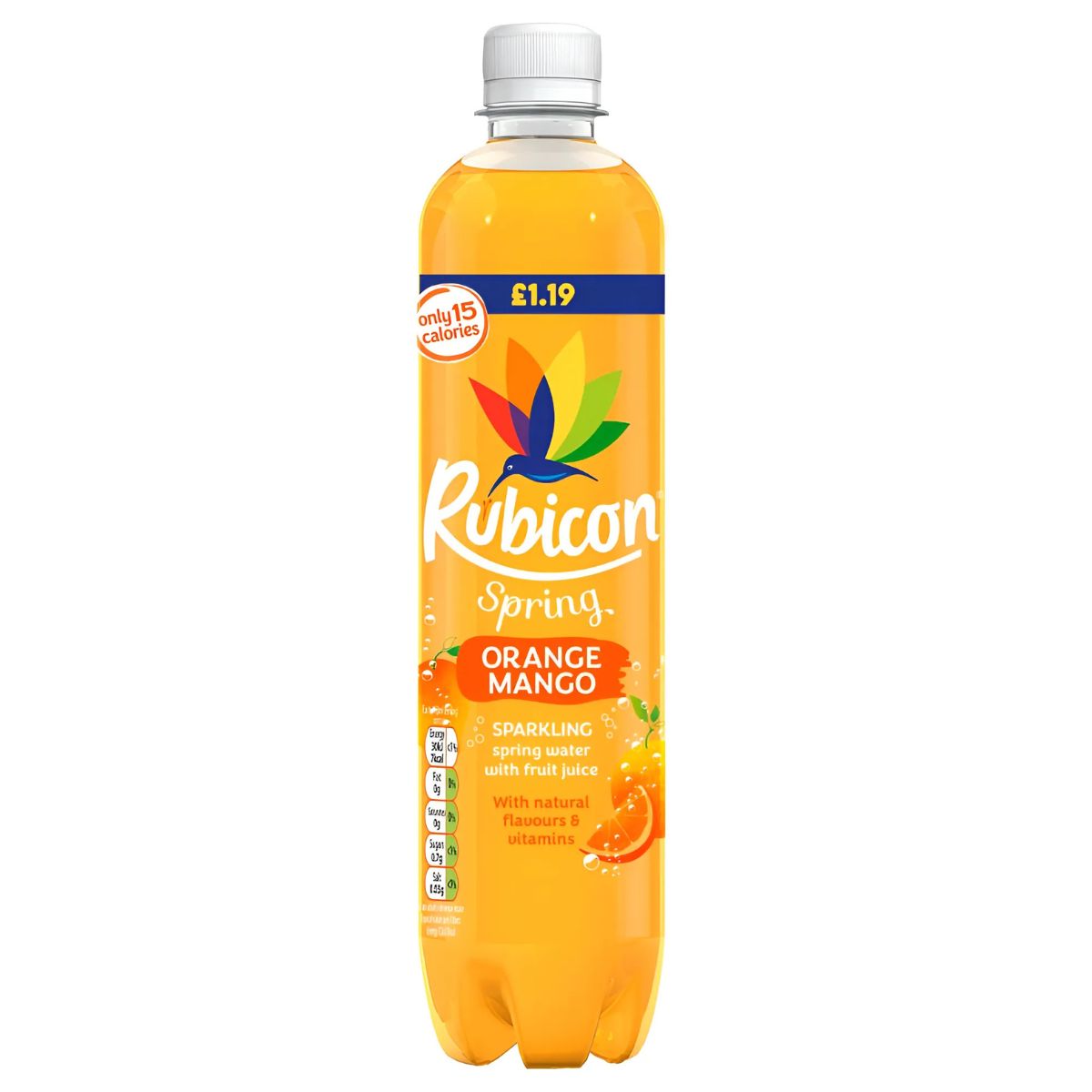 A 500ml bottle of Rubicon - Spring Orange & Mango sparkling water with fruit juice, sporting a vibrant label, is priced at £1.19.