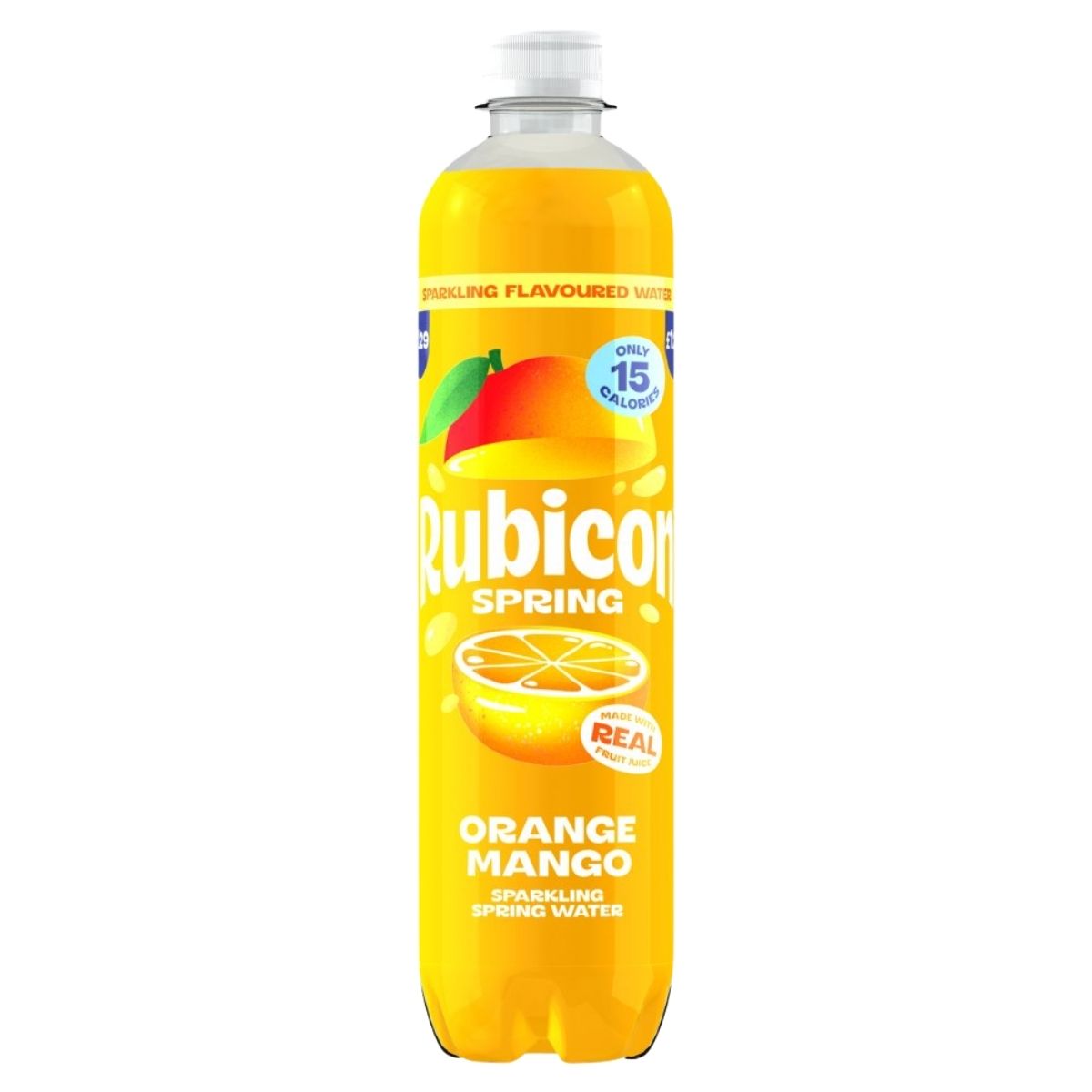 Rubicon Orange Mango sparkling spring water bottle on a white background