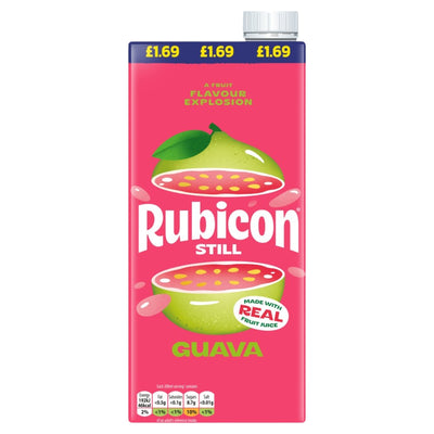 A 1L carton of Rubicon - Still Guava Juice on a pink background, featuring illustrations of sliced guava fruit and nutritional information at the bottom.