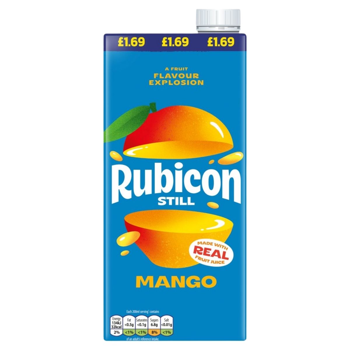 Rubicon Mango juice box on a white background