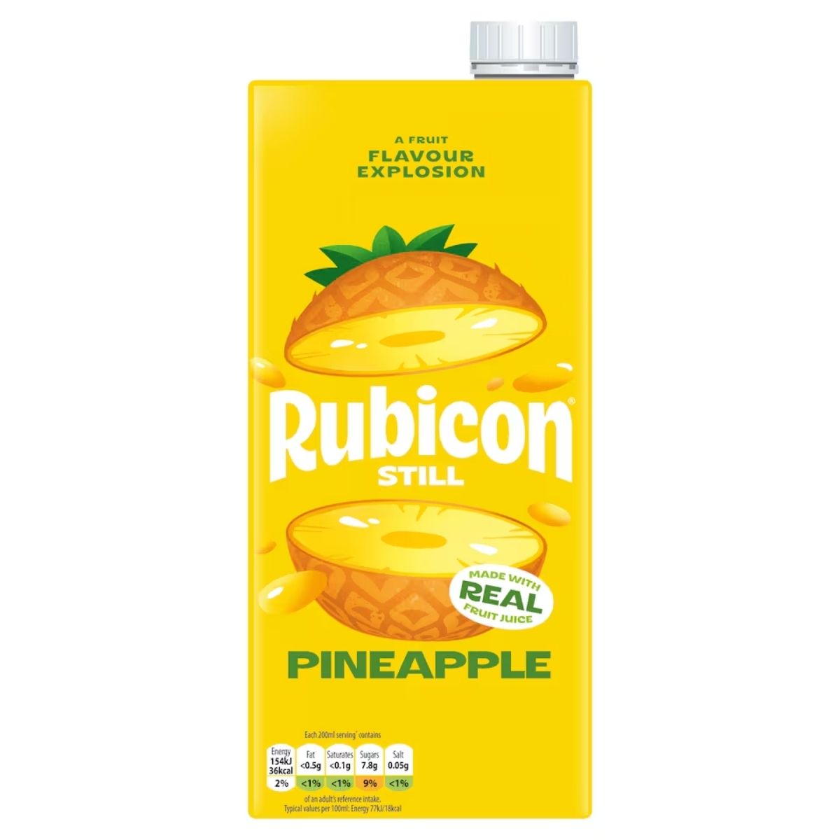 A yellow 1L carton of Rubicon Still Pineapple Juice Drink with pineapple slice images and "Flavour Explosion" plus "Made with Real Fruit Juice" text. Enjoy a burst of tropical flavour from Rubicon’s refreshing pineapple juice.