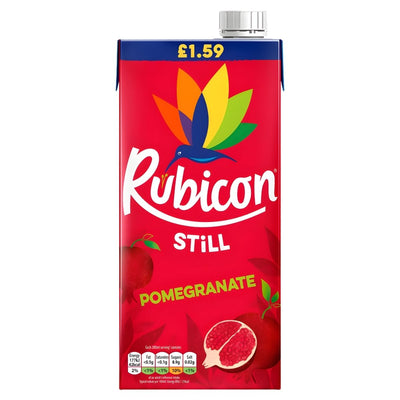 A 1L carton of Rubicon Still Pomegranate Juice features the Rubicon brand and a colorful hummingbird logo, with a £1.59 price label on top.