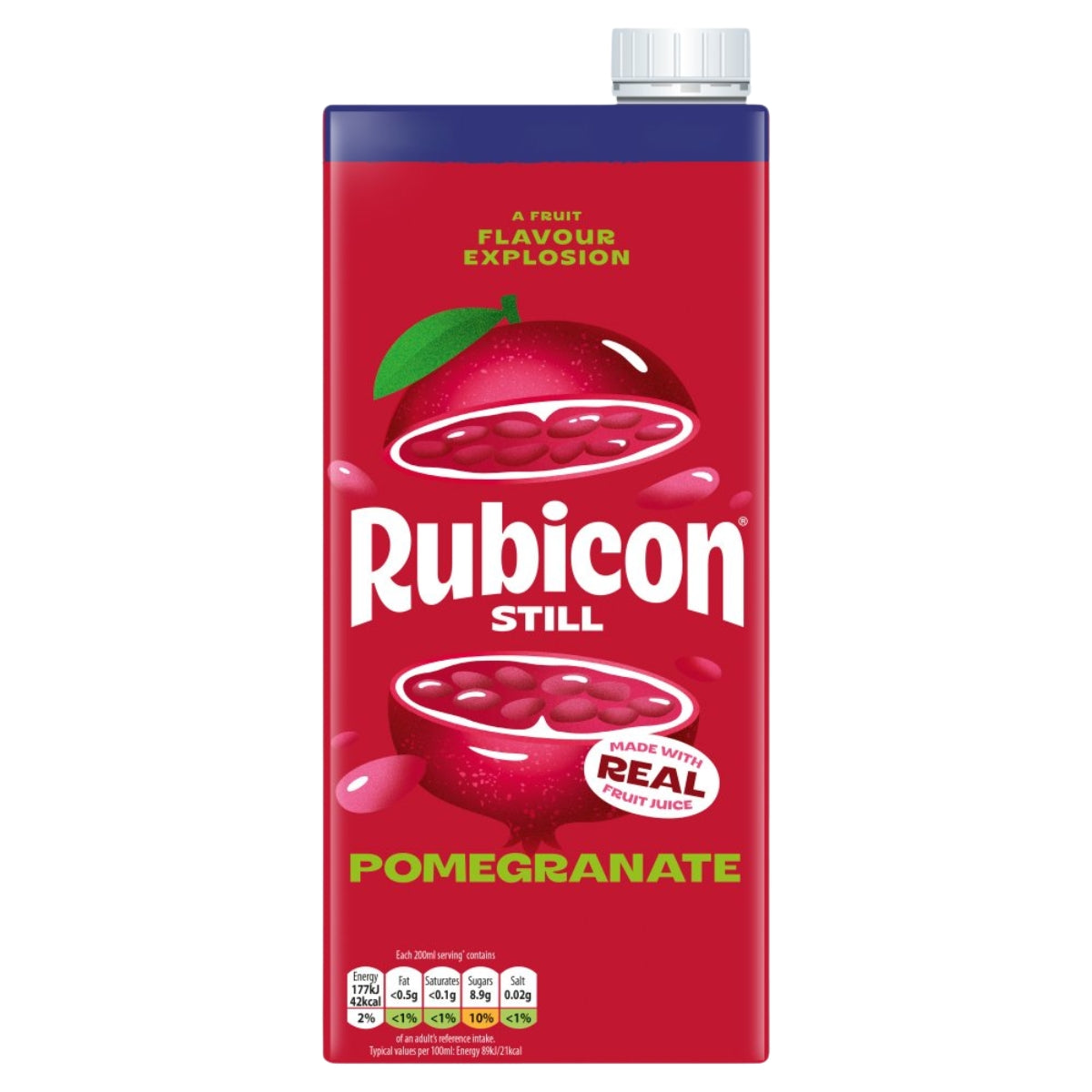 A 1L carton of Rubicon Still Pomegranate juice on a plain white background.