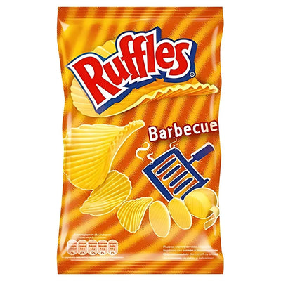 A 140g bag of Ruffles Barbecue chips with an orange background, showing ridged potato chips and a stylized grill on the packaging.