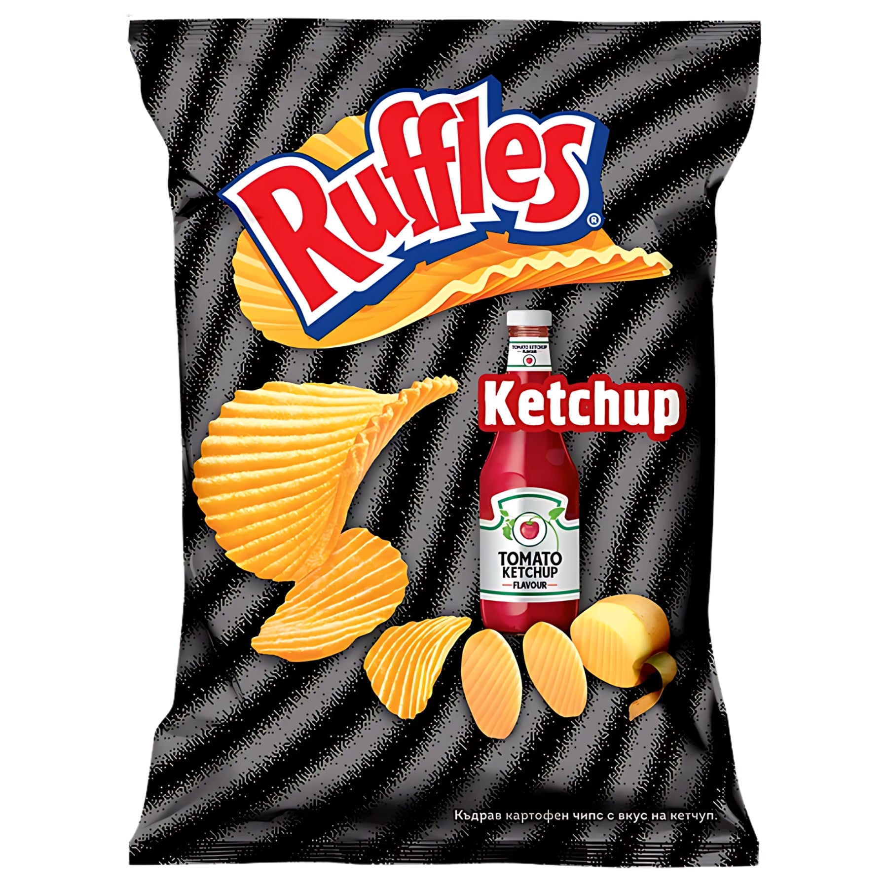 A 140g bag of Ruffles Crisps Ketchup Flavoured features wavy chips and a ketchup bottle on a black and gray striped background.