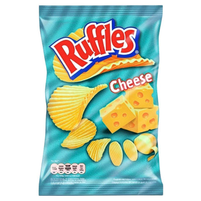 A 140g bag of Ruffles Cheese Flavoured Crisps, featuring signature ridges and packaging with images of ridged chips and cheese cubes.