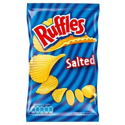 A 140g pack of Ruffles Crisps Salted features ridged crisps on the front, with bold red and white Ruffles Crisps branding.