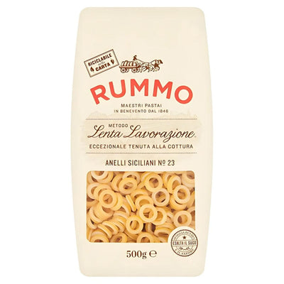 The 500g Rummo Anelli Siciliani Pasta No.23 package features the brand logo, product details, and recycling info, highlighting its authentic Sicilian flavor.