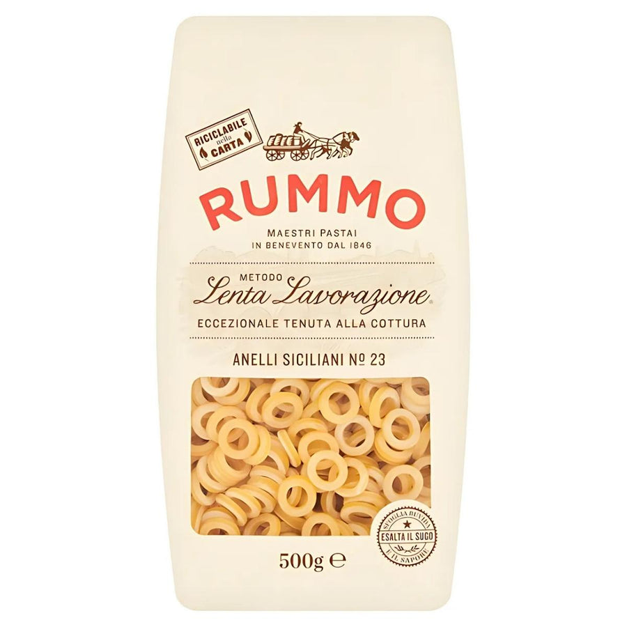 The 500g Rummo Anelli Siciliani Pasta No.23 package features the brand logo, product details, and recycling info, highlighting its authentic Sicilian flavor.