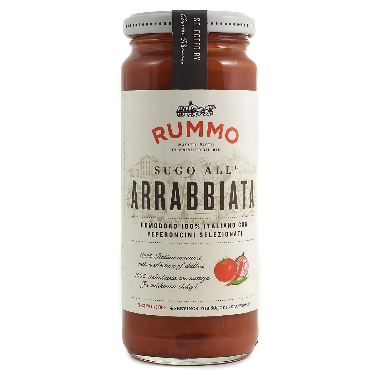 Rummo - Arrabbiata Pasta Sauce (340g) adds a spicy kick to pasta dishes with its rich tomato and chili flavor. It's gluten-free and 100% Italian.