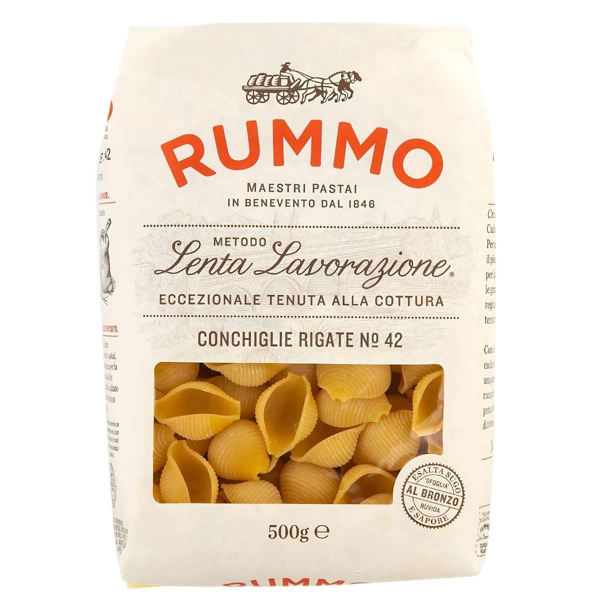 Rummo Conchiglie Rigate Pasta No.42, 500g, crafted with traditional bronze dies for ideal texture, features a white and red label with cooking instructions.