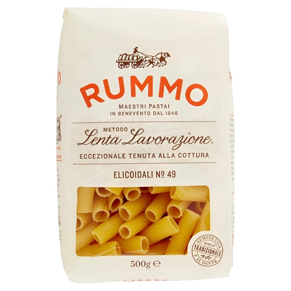 Bag of Rummo - Elicoidali Pasta No.49, 500g, highlights its distinct shape via the packaging window—ideal for classic pasta recipes.