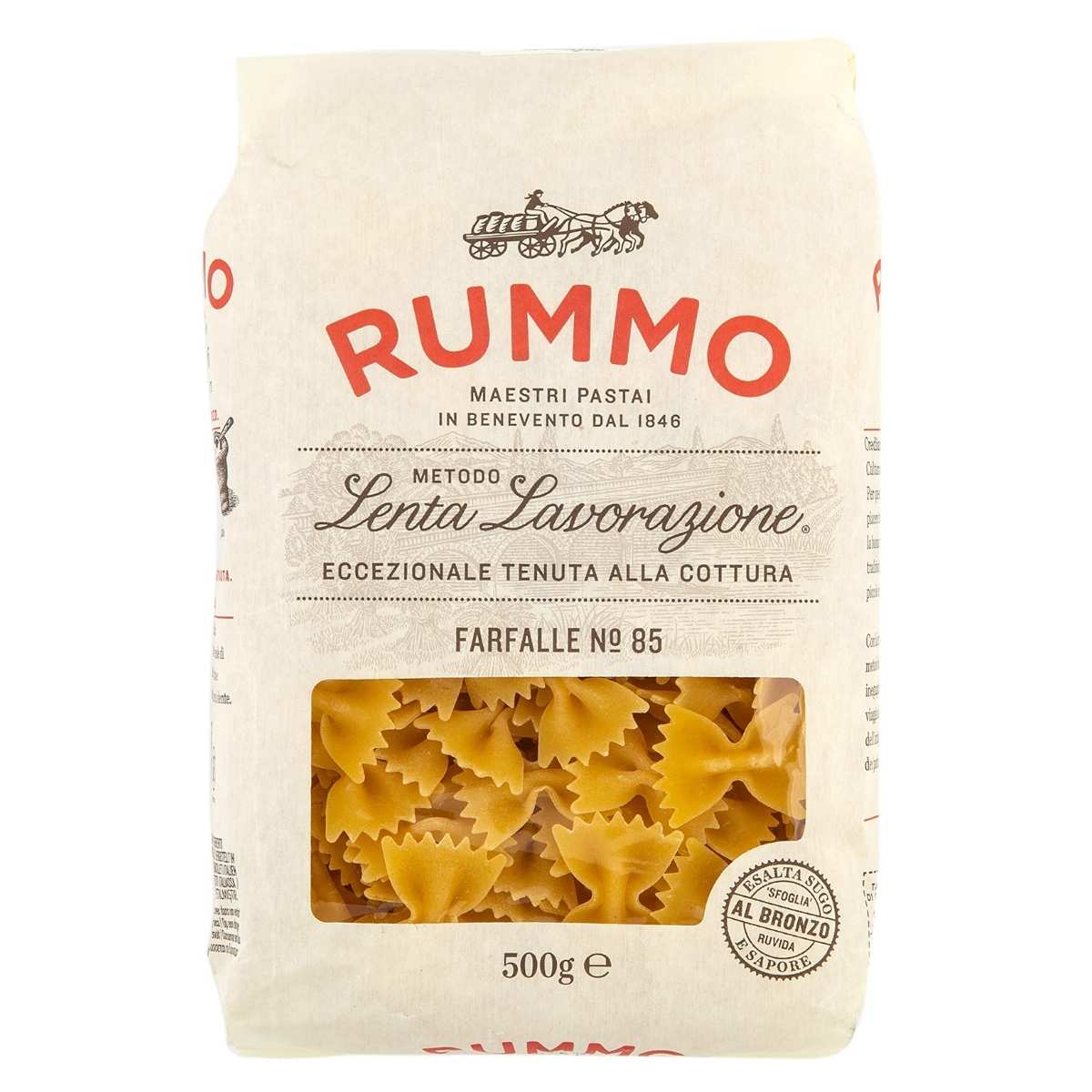 The Rummo Farfalle Pasta No. 85 features exquisite bow-tie pasta crafted from high-quality durum wheat semolina. The 500g package displays perfectly shaped pieces against a stylish beige background accented with bold red and black text and logo, visible through a clear section.