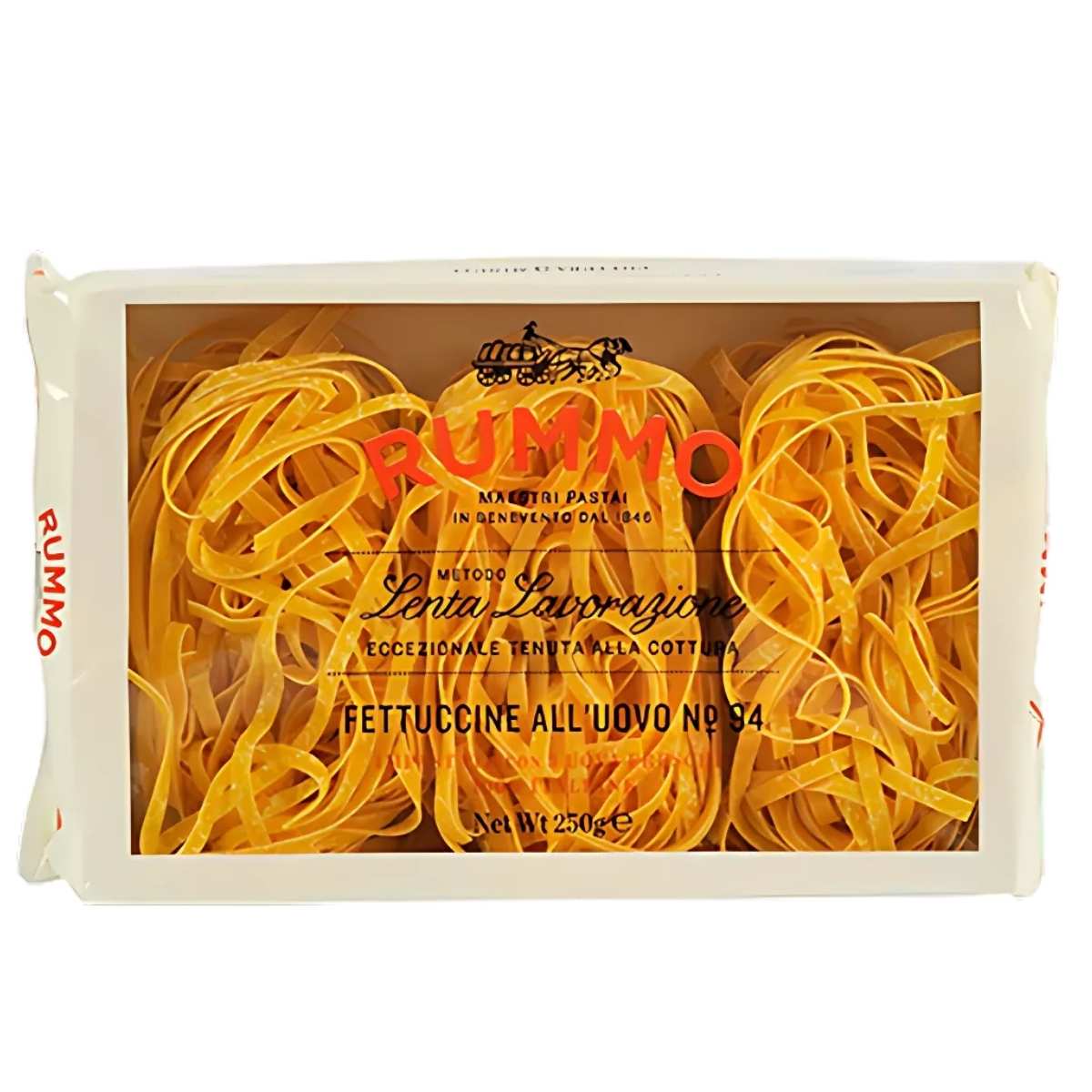 The 250g Rummo Fettuccine All'uovo Pasta No.94, ideal for authentic Italian meals, is elegantly packed with a clear front and features the distinctive red text and logo.