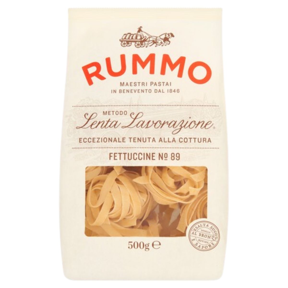 Rummo - Fettuccine No.89 (500g) is premium durum wheat semolina pasta from Rummo, featuring Italian text on the packaging and a window to view the fettuccine inside.