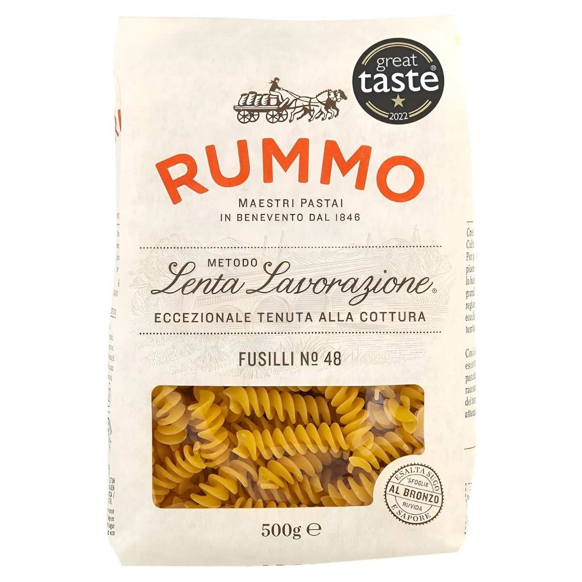 Rummo Fusilli Pasta No. 48 is a must-have for pasta enthusiasts, offering a firm texture in a 500g pack. The packaging highlights "Lenta Lavorazione" and the prestigious "Great Taste 2022" award.