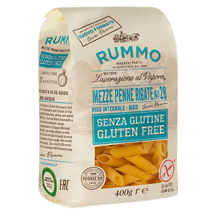Package of Rummo Gluten Free Mezze Penne Rigate No. 28, 400g. Labels elegantly display product details and certifications for easy reference.