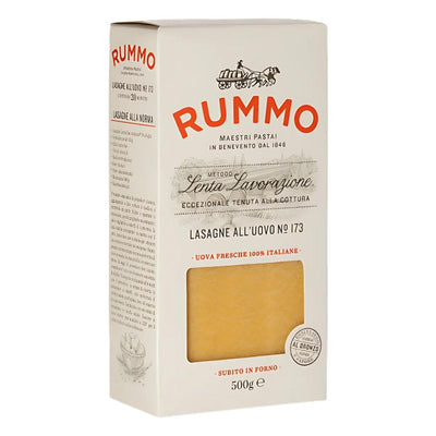 A 500g box of Rummo - Lasagne All'uovo No.173 pasta, featuring Rummo’s Italian branding and text, with egg lasagna sheets visible through a clear window on the front.