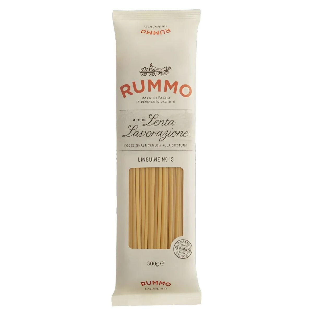 Rummo - Linguine Pasta No.13 - 500g comes in white packaging with a transparent window, highlighting the durum wheat pasta. It features "Metodo Lenta Lavorazione" and "Maestri Pastai" text for an authentic Italian taste.