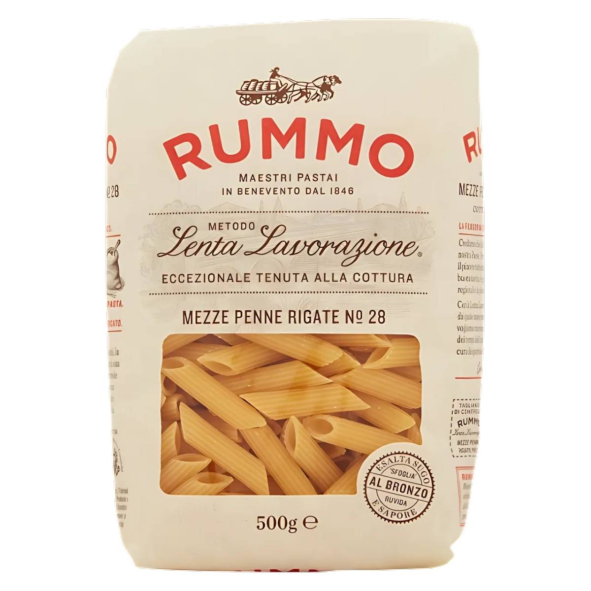 Package of Rummo - Mezze Penne Rigate Pasta No.28, 500g, ideal for pasta bakes with comprehensive product details.