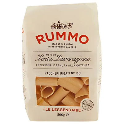 Rummo Paccheri Rigati Pasta No.150, 500g, made from premium semolina, features traditional Italian branding in red and black on a cream background, ideal for hearty dishes.