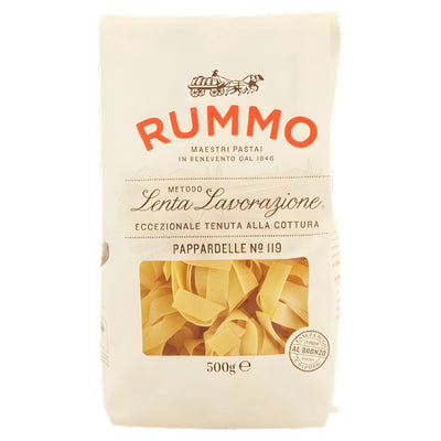 Rummo Pappardelle Pasta No.119, 500g, is made from durum wheat semolina with bronze-cut ribbons visible through a clear window on its classic Italian packaging.