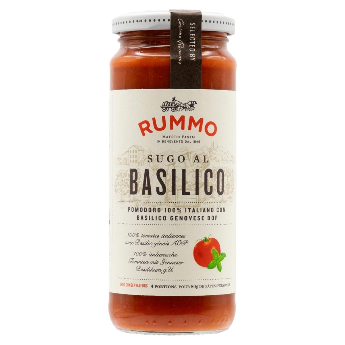 A 340g jar of Rummo Pasta Sauce with Basil, crafted in Italy, features vibrant red tomato and lush green basil illustrations on the label.