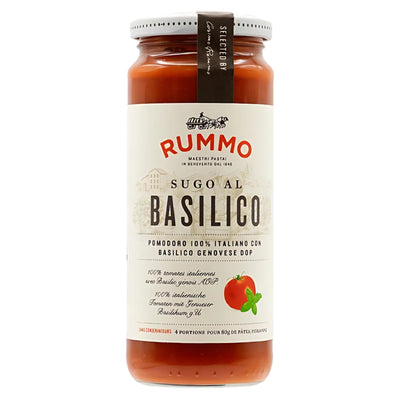 A 340g jar of Rummo Pasta Sauce With Basil, featuring a white label with tomato and basil, offers classic Italian tomato sauce flavor.
