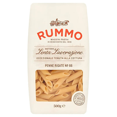 Package of Rummo - Penne Rigate Pasta No.66, 500g, crafted from premium durum wheat with visible pasta. Ideal for authentic Italian dishes.