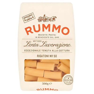 Rummo Rigatoni Pasta No. 50 (500g) is crafted from premium durum wheat, featuring an off-white label with a vibrant orange logo. The Italian pasta showcases traditional processing and exceptional cooking quality.