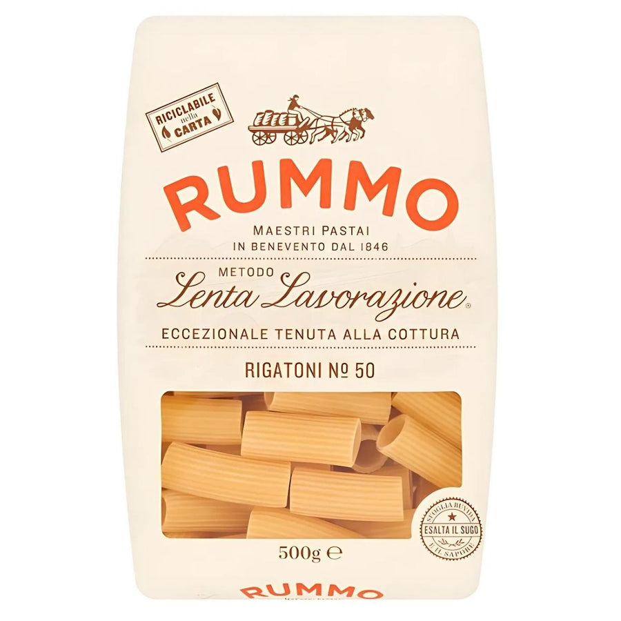 Rummo Rigatoni Pasta No. 50 (500g) is crafted from premium durum wheat, featuring an off-white label with a vibrant orange logo. The Italian pasta showcases traditional processing and exceptional cooking quality.