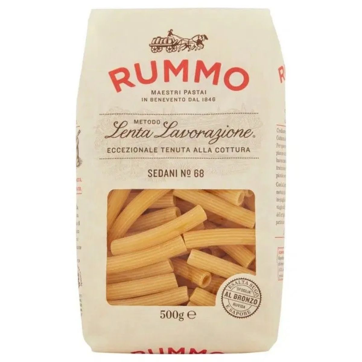 A 500g bag of Rummo - Sedani Pasta No.68 features Italian text on the packaging, promising premium pasta ideal for creating delicious dishes.