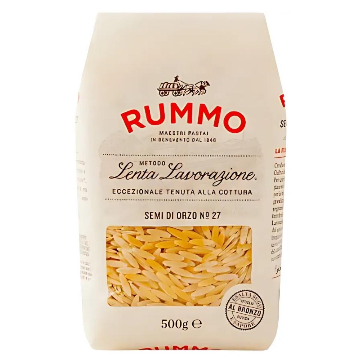 Rummo - Semi Di Orzo No.27 - 500g pasta, made with "Metodo Lenta Lavorazione," combines high-quality wheat semolina and genuine Italian barley for a rich, wholesome flavor.