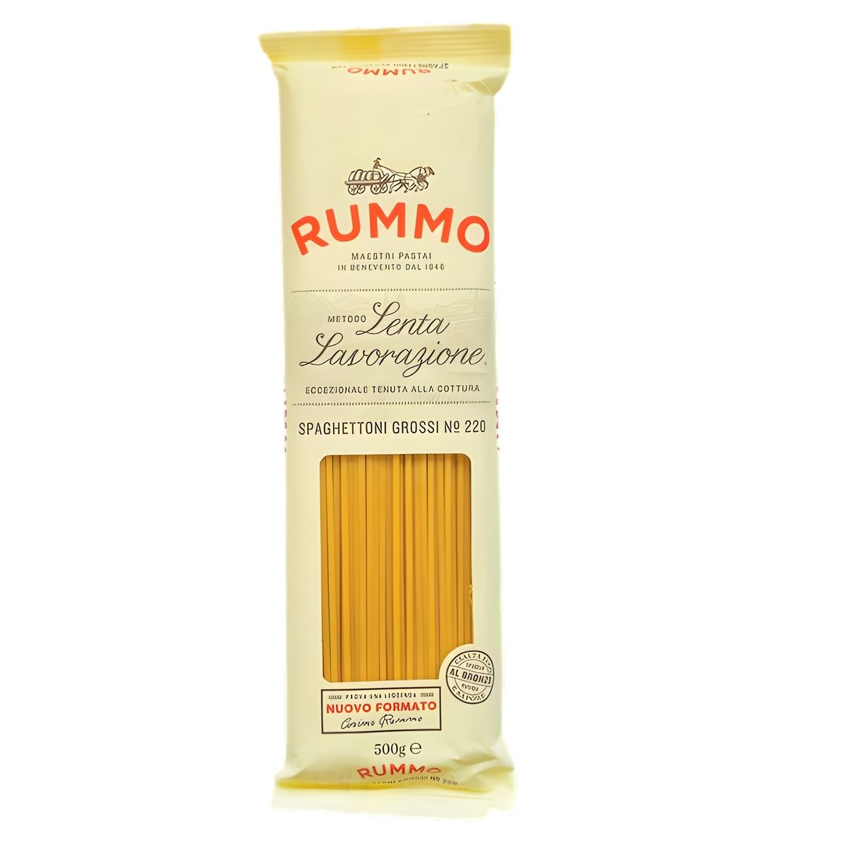 Rummo Spaghettoni Grossi No. 220, 500g, comes in yellow and white packaging with a window showing the bronze-cut pasta inside.