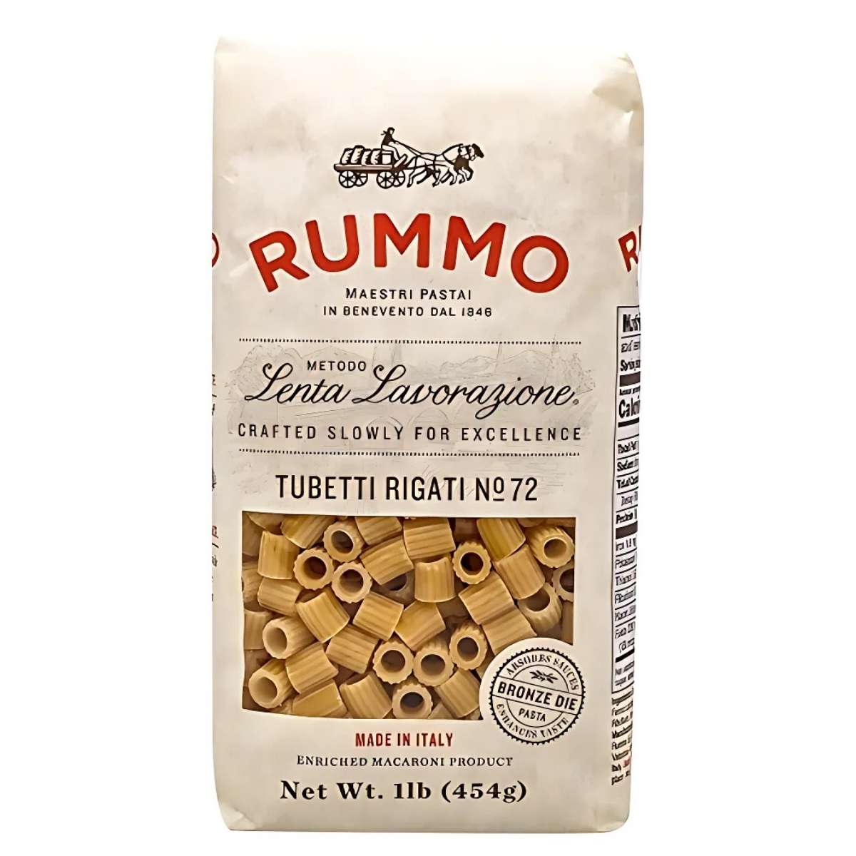 The 500g Rummo Tubetti Rigati Pasta No. 72 is beautifully presented with a window to view the charming pasta pieces, crafted in Italy.