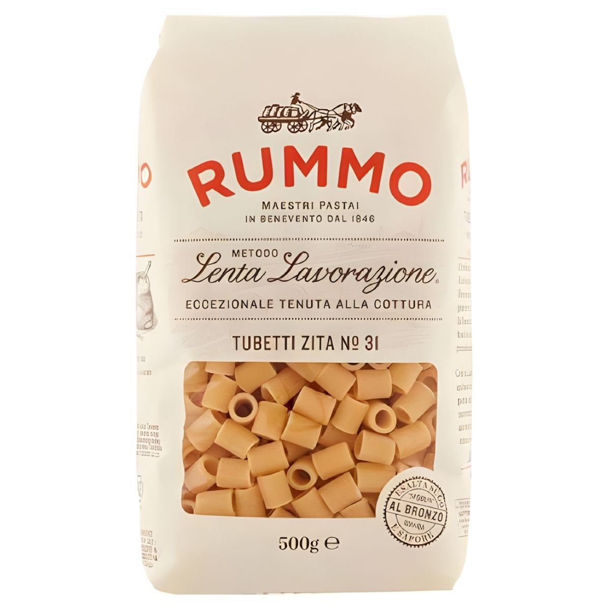 A 500g bag of Rummo Tubetti Zita Pasta No.31 features classic Italian short tube-shaped pasta made from premium durum wheat, presented in a white and red Rummo-branded package.
