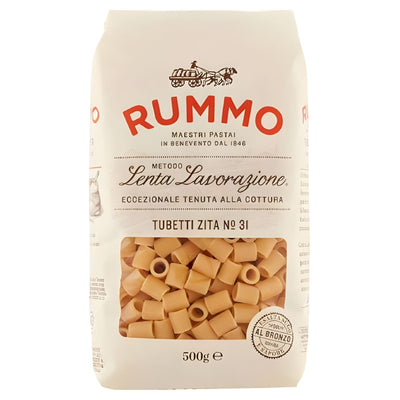 A 500g bag of Rummo Tubetti Zita Pasta No.31 features classic Italian short tube-shaped pasta made from premium durum wheat, presented in a white and red Rummo-branded package.