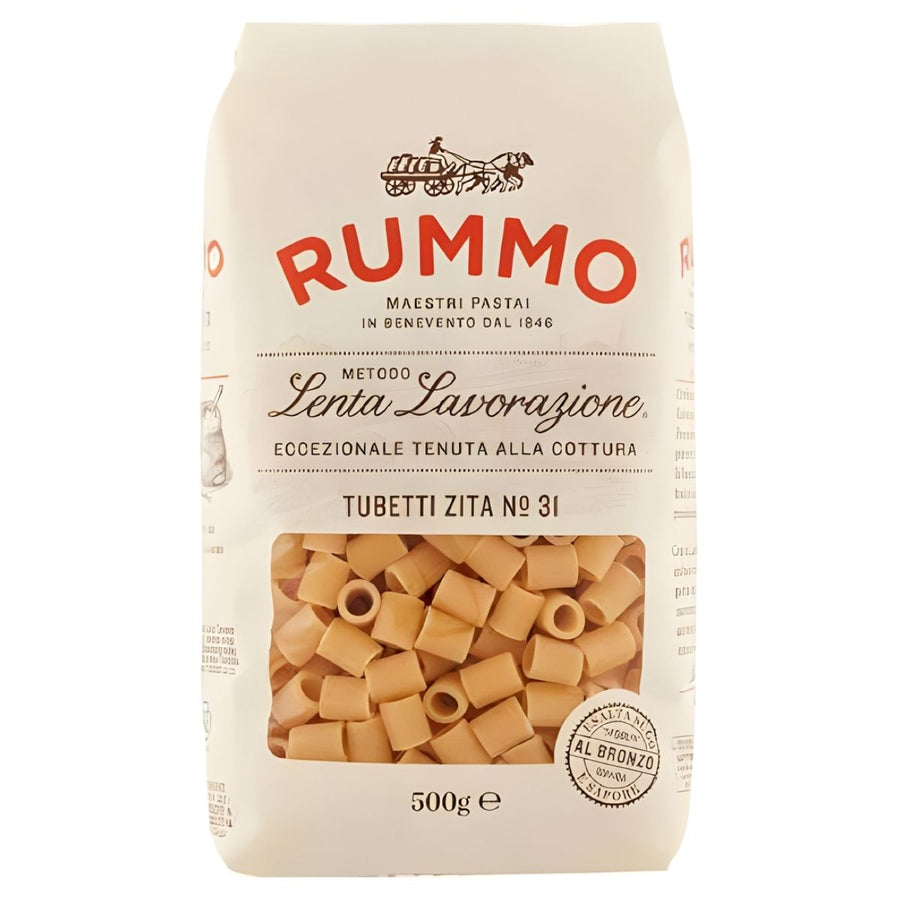 A 500g bag of Rummo Tubetti Zita Pasta No.31 features classic Italian short tube-shaped pasta made from premium durum wheat, presented in a white and red Rummo-branded package.