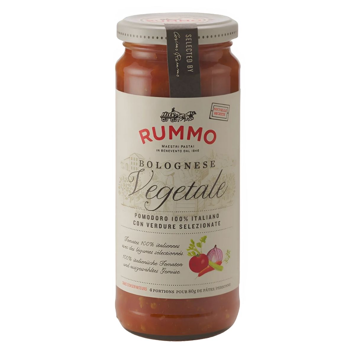 The Rummo Vegetable Bolognese, 340g jar, with its "pomodoro 100% italiano con verdure selezionate" label, comes in a vibrant red and white design with a sealed lid. Ideal for preparing a quick and satisfying meal.