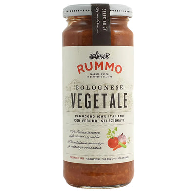 A 340g glass jar of Rummo Vegetable Bolognese featuring a vibrant label with tomato and vegetable imagery, emphasizing its rich plant-based protein ingredients.
