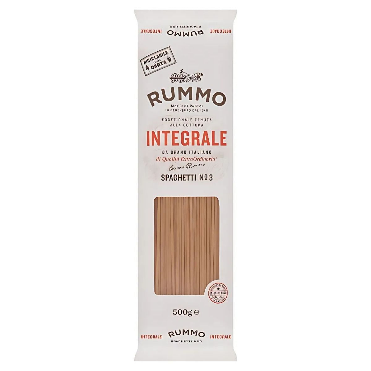 Rummo - Wholewheat Spaghetti No.3, 500g, comes in a package with a clear window highlighting its al dente texture and Italian origin, made with recyclable materials—a nutritious meal alternative.